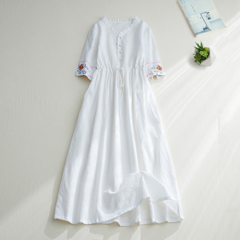 Đầm Dài Vải Lanh Cotton Tay Ngắn Cổ Chữ V Thêu Nhãn Hàng Hóa Lớn Phong Cách Retro