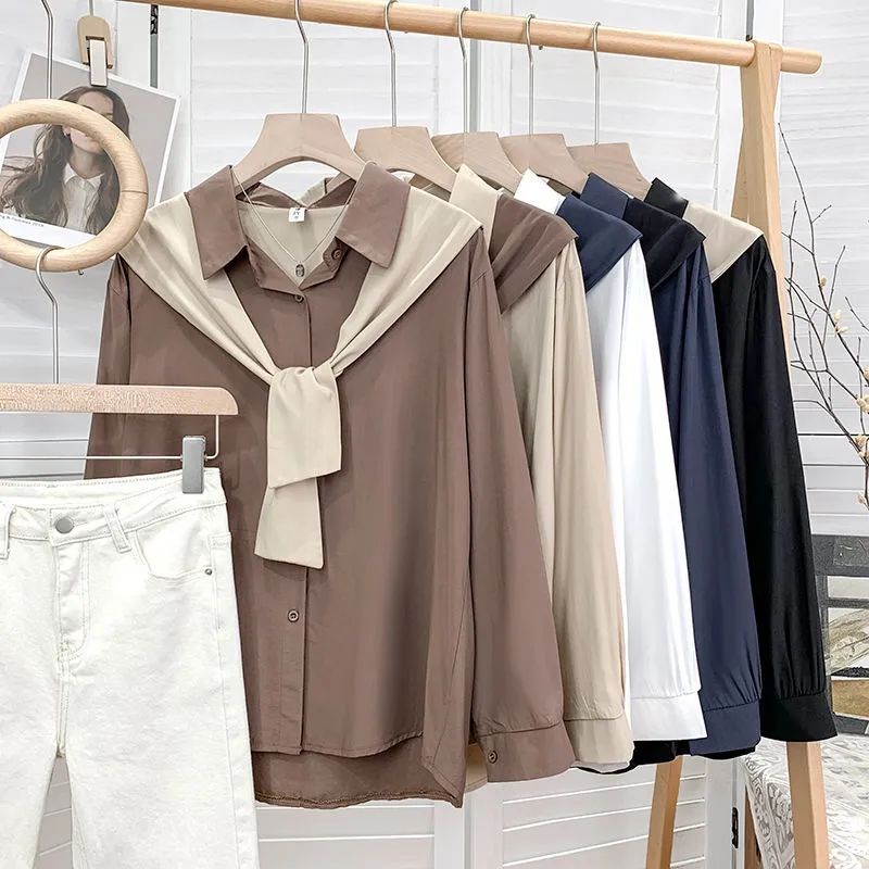 Áo Sơ Mi Tay Dài Giả Khăn Choàng Dáng Rộng Phong Cách Hàn Quốc Đơn Giản