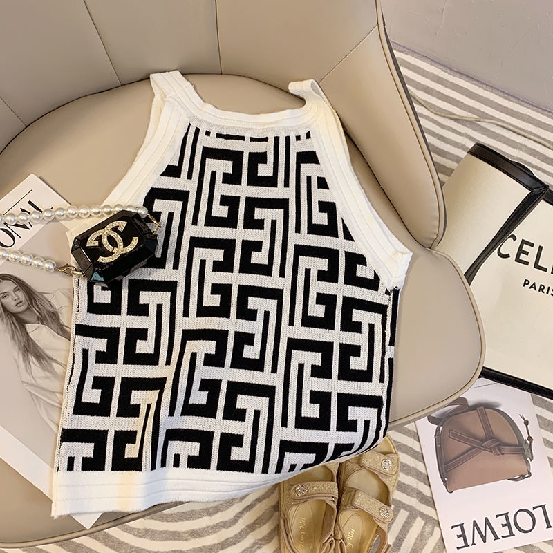 Áo Dệt Kim Sát Nách Cổ Tròn Họa Tiết Hình Học Gợi Cảm Thời Trang Xuân Hè Mới