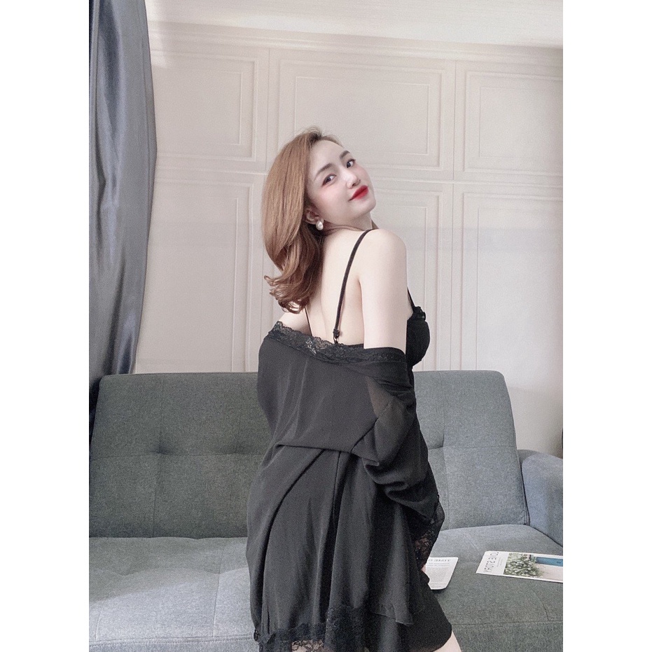 Áo Choàng Kimono Kèm Váy Voan Phối Ren NGUYEN, Set Đồ Ngủ Sexy 3 Món, Đầm Ngủ Voan Cao Cấp Quyến Rũ Thời Trang Cho Nữ. | BigBuy360 - bigbuy360.vn