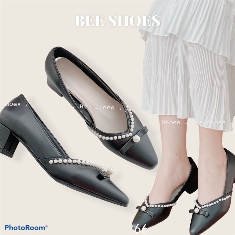 BEESHOES - GIÀY BÚP BÊ NỮ MŨI NHỌN VIỀN NGỌC NƠ - GIÀY BÚP BÊ NỮ MŨI NHỌN GÓT VUÔNG CAO 4 PHÂN SẴN MÀU ĐEN - KEM 210366