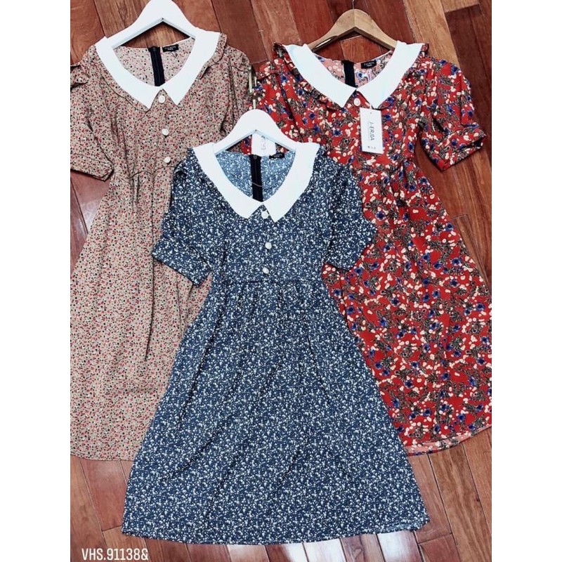 Đầm Nữ Hoa Nhí Ngắn Tay Cổ Bèo Phối Màu 🦋 Váy Nữ Cộc Tay Hoa Dáng Xòe Khóa Sau 3 Màu 🦋 | BigBuy360 - bigbuy360.vn