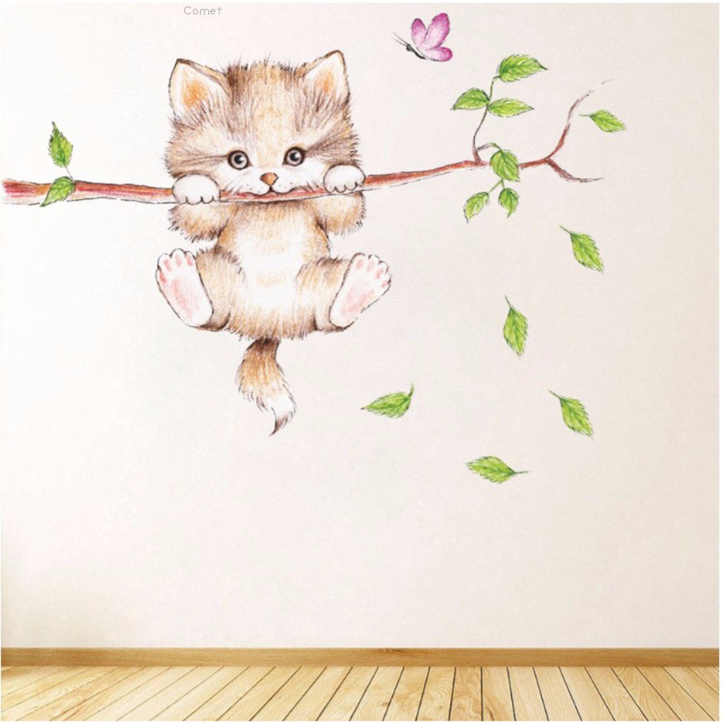 Sticker dán tường họa tiết hình con mèo và con bướm dùng trang trí phòng cho trẻ nhỏ