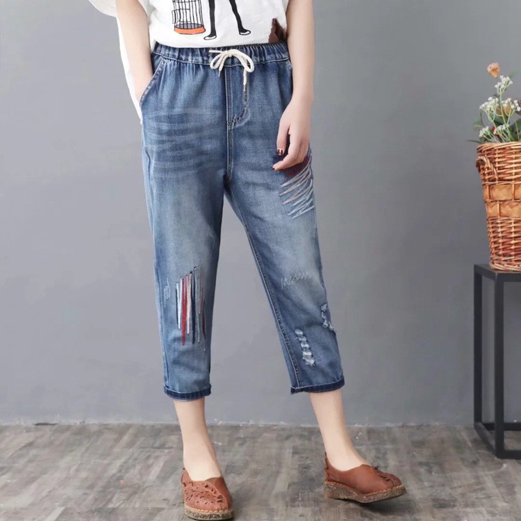 Quần jean lửng 7 tất baggy nữ bigssize form rộng size đại M-3XL
