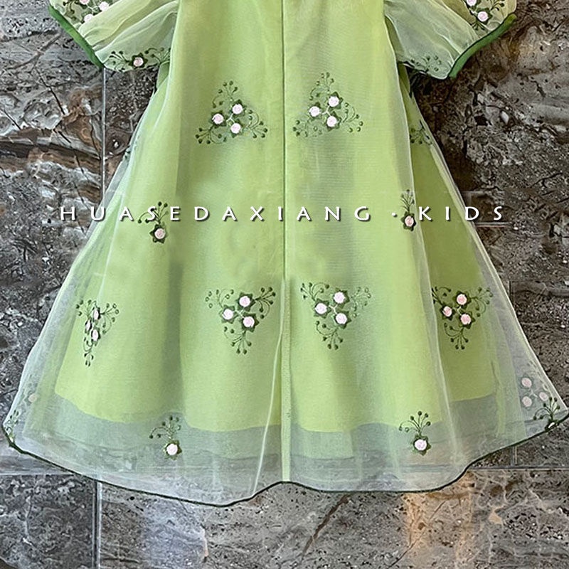 Đầm Công Chúa Phối Lưới Thêu Họa Tiết Phong Cách Trung Hoa Cho Bé Gái