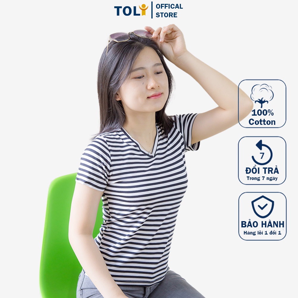 Áo Thun Nữ Trơn Cổ Tim TOLI, Chất Cotton 4 Chiều Mềm Mịn, Co Dãn, Form Suông Cơ Bản [Sọc Đen Trắng-15A]