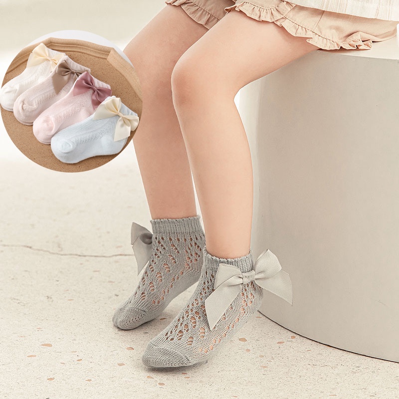 1 Đôi Vớ Vải Lưới / Cotton Thoáng Khí Đính Nơ Dễ Thương Cho Bé Sơ Sinh