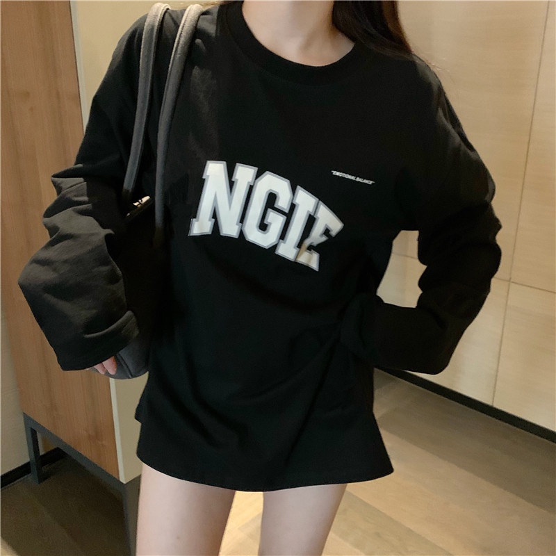 Áo thun tay dài dáng rộng in chữ phong cách Hàn Quốc thời trang cho nữ