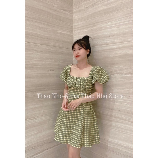 (SẴN) váy cúp ngực tay phồng caro xanh form xoè (hình thật shop Thảo Nhỏ Store chụp phía sau )