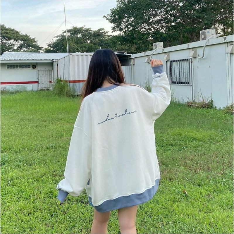 Áo Khoác Nỉ Bông Cardigan WHATISLOVE 20inch Trắng Phối Xanh Đậm Unisex Ulzzang | BigBuy360 - bigbuy360.vn