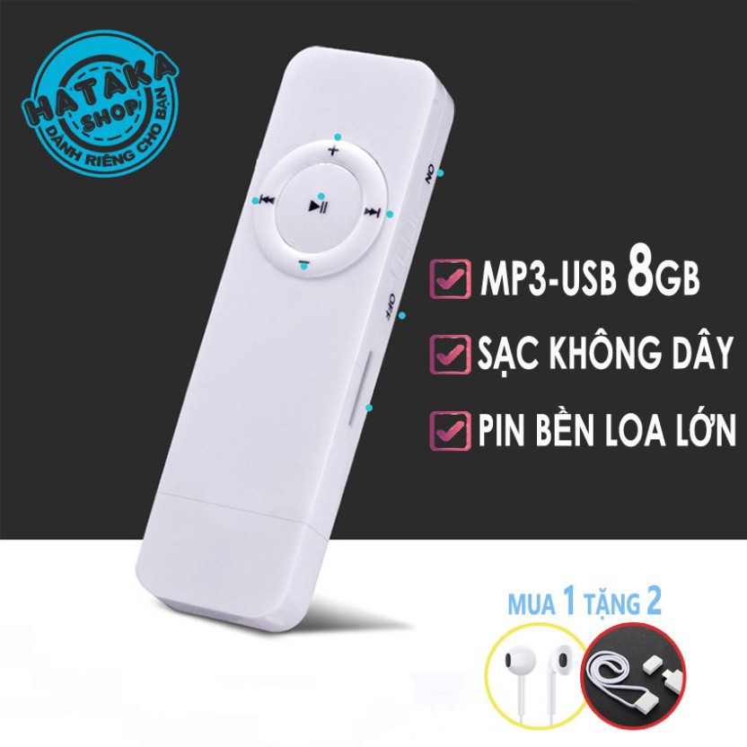 Máy nghe nhạc mp3 USB 8GB sạc không dây, loa ngoài cỡ lớn tặng tai nghe và dây đeo