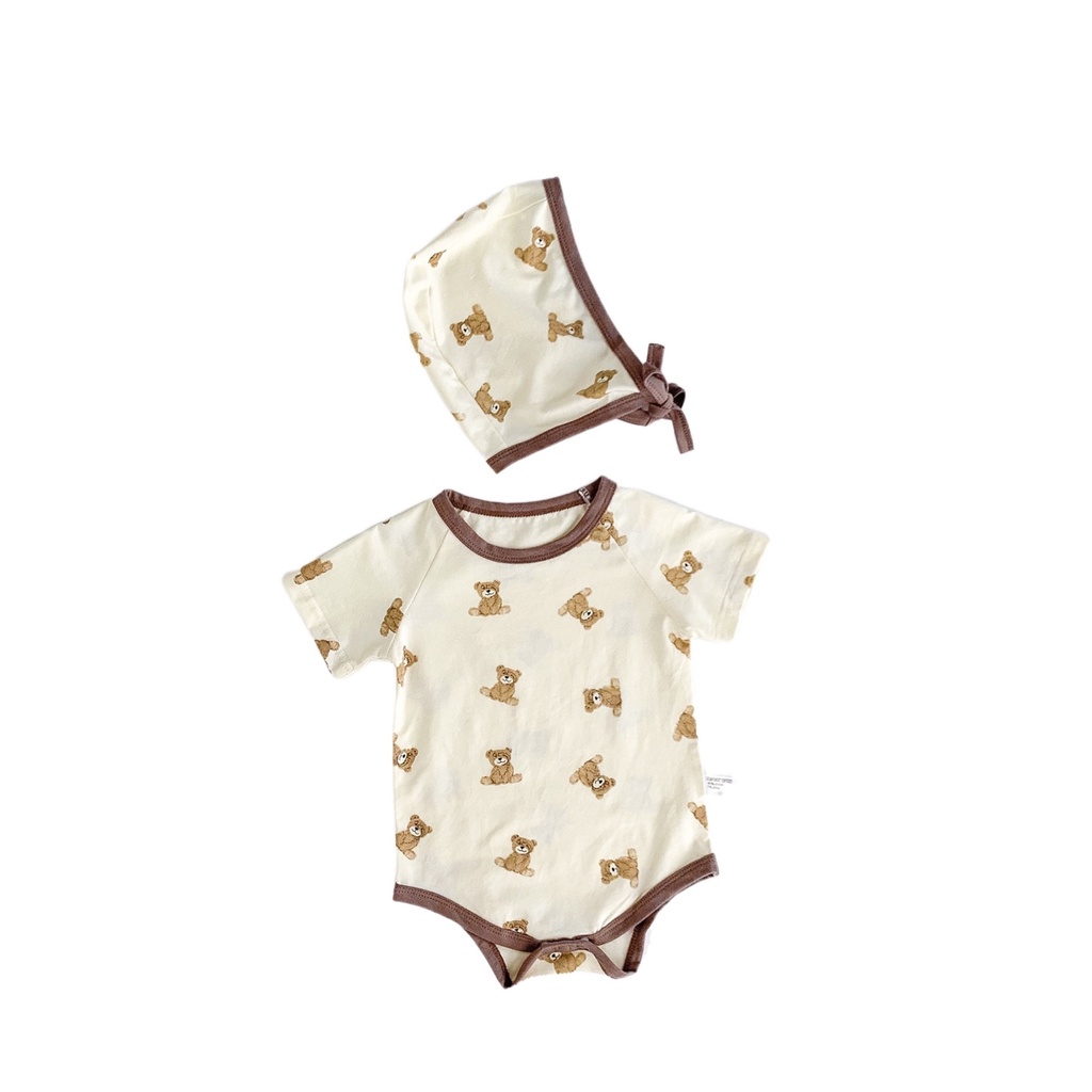 Bộ Áo Liền Quần Tay Ngắn Chất Liệu Cotton In Hình Gấu Kèm 1 Nón Cho Bé Sơ Sinh 0-2 Tuổi
