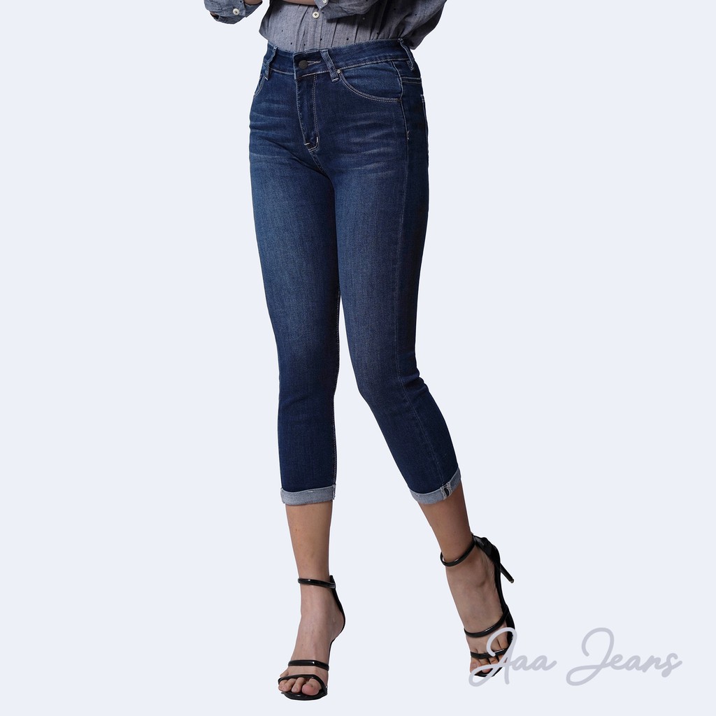 Quần Jean Nữ Xắn Gấu Skinny Aaa Jeans Lưng Cao Ocean Blue