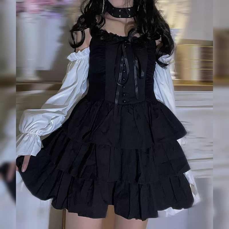 Set váy áo Gothic Lolita hai dây trễ vai thắt nơ dạng tầng ôm body dáng xòe