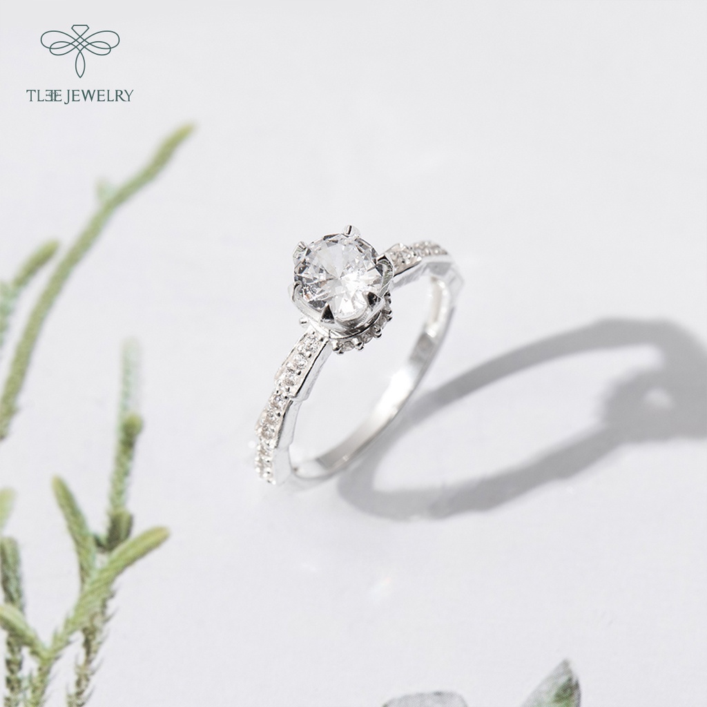 Nhẫn bạc nữ TLEE trụ đá tròn cao viền ziczac phân tầng sang trọng NCJ A0201