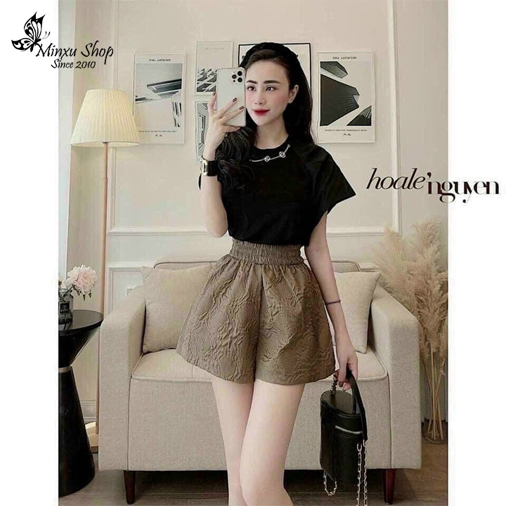 Quần đùi nữ cạp chun có 2 TÚI sâu to, quần short nữ lưng cao ống rộng vải xốp phồng 3D cao cấp Minxu Shop QX30