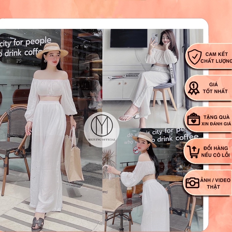 Set đũi nữ (ảnh thật, video). Quần đũi ống rộng. Áo croptop tay dài. Set đồ nữ quần ống rộng