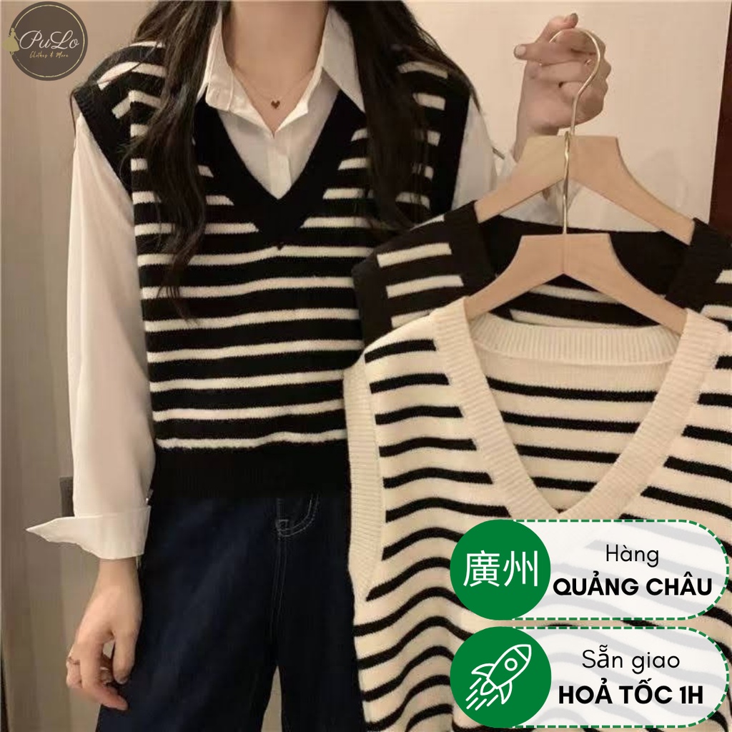 Áo len gile nữ cổ V kẻ ngang đen trắng AL032