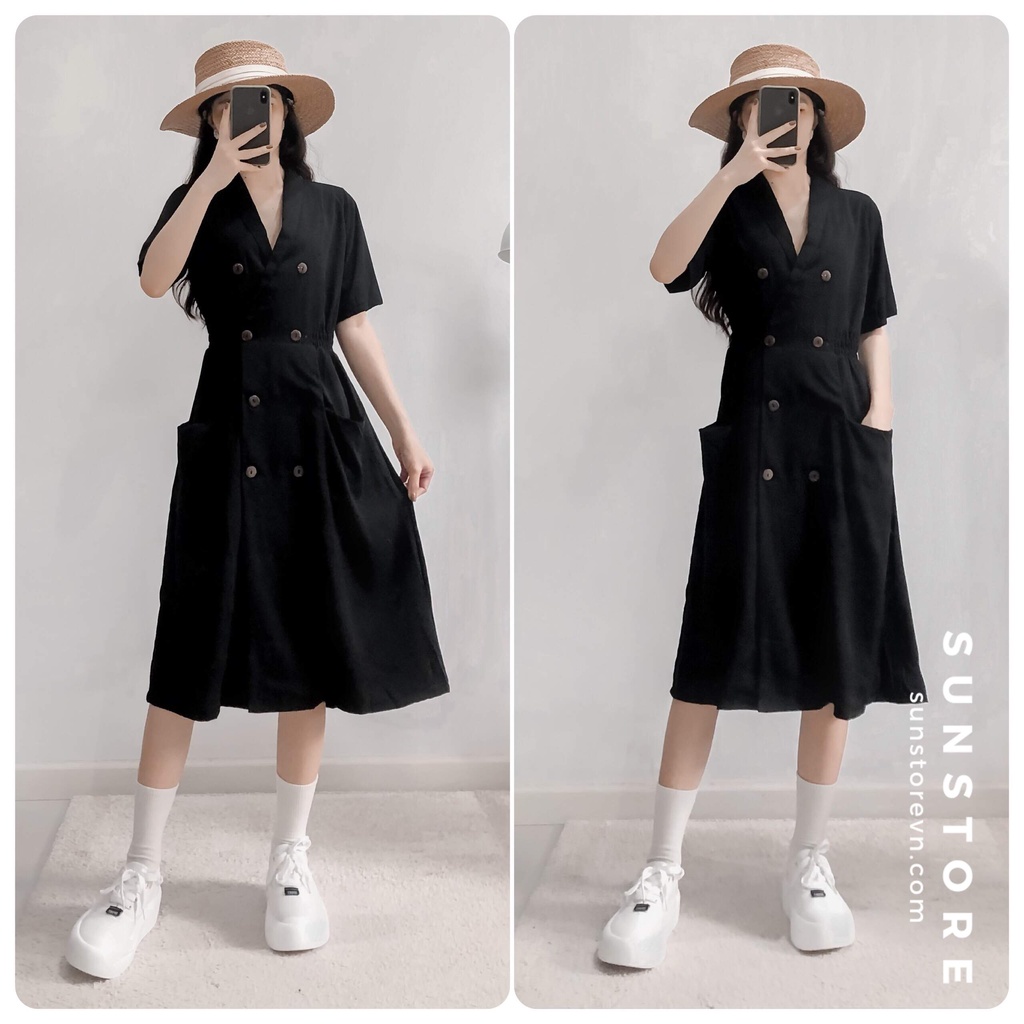 Đầm suông dài đen thanh lịch cổ vest chữ V eo có bo chun eo giãn Tilly dress