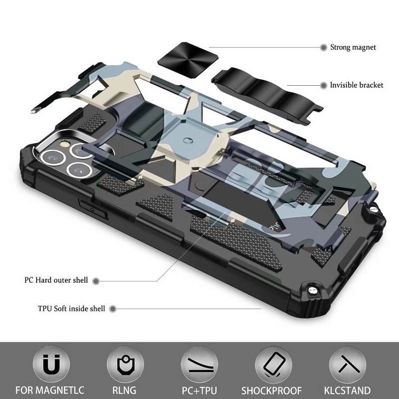 Ốp Điện Thoại Kiểu Giáp Chống Sốc Họa Tiết Rằn Ri Kèm Giá Đỡ Từ Tính Cho iPhone 14 13 12 Pro Max 14Plus 14Pro 13Pro 12Pro