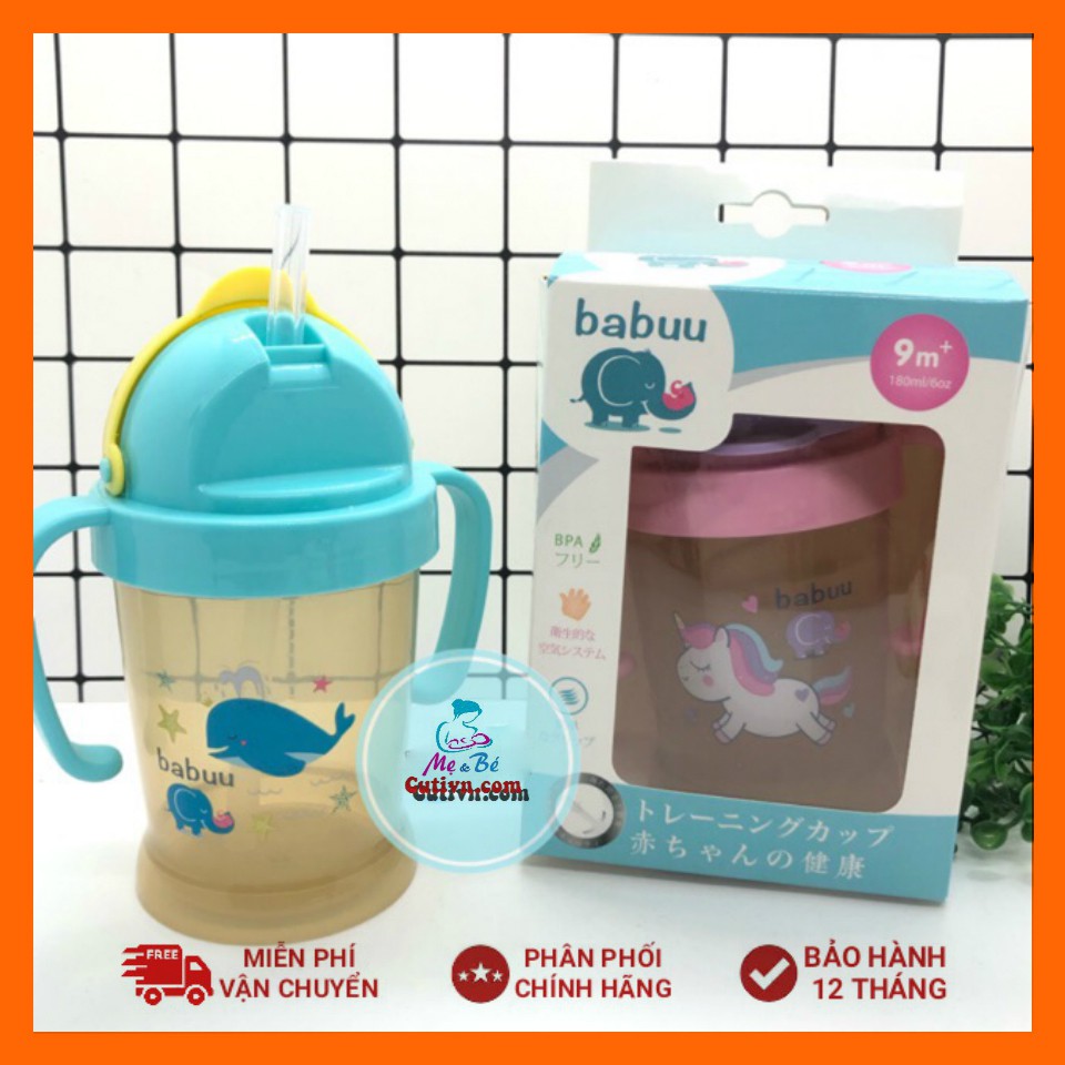 Bình tập uống ống hút silicon tay cầm Babuu Baby 180ml Nhật Bản