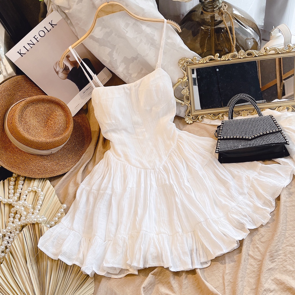 Set đầm 2 dây trắng chân bèo+khoác croptop 🖤 KÈM VIDEO TỰ QUAY 🖤