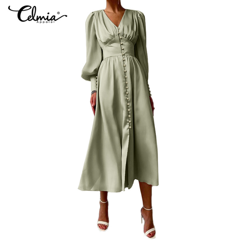 Đầm CELMIA Dài Cổ Chữ V Tay Phồng Thanh Lịch Cho Nữ | BigBuy360 - bigbuy360.vn