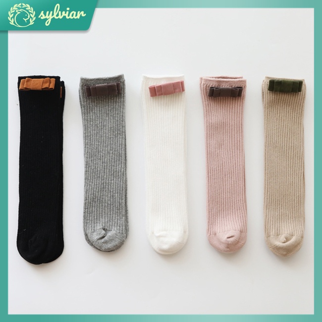 Vớ Dài Trung Bình Vải Lụa Flannel Đính Nơ Thời Trang Xuân Thu Cho Bé Gái