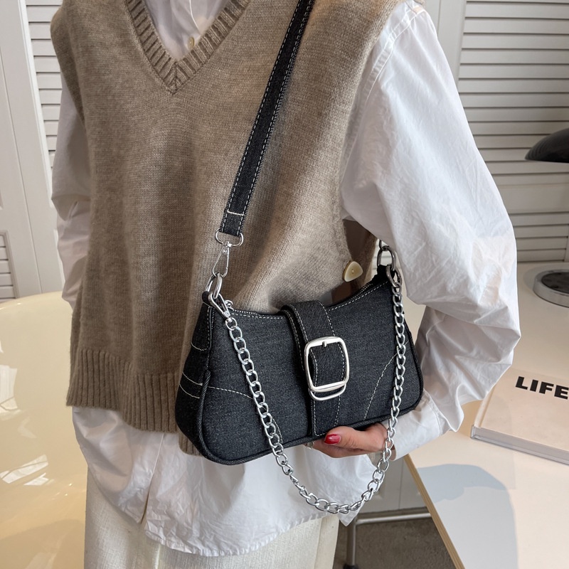 Túi đeo chéo JASMIN NOIR denim nắp gập phối dây xích cho nữ