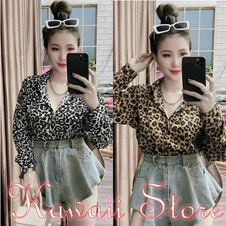 Áo sơ mi nữ lụa tay dài form rộng họa tiết da báo 2 màu