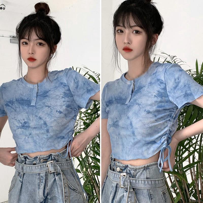 Áo Lửng Tay Ngắn Phối Màu Nhuộm Độc Đáo Trang Trí Dây Rút Bên Hông Cho Nữ