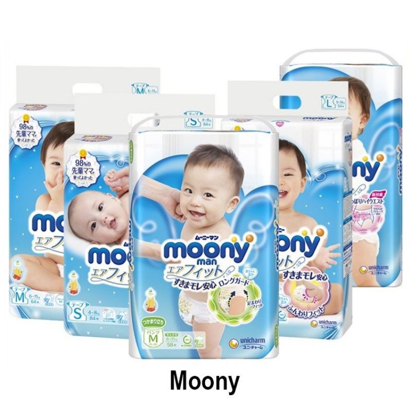 Bỉm dán/quần Moony size S84/M64/M58/L54/L44/XL38 hàng nhập khẩu