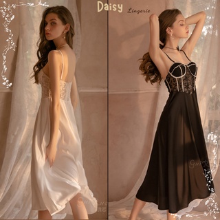 Váy Ngủ Sexy Gợi Cảm Đầm Ngủ Lụa 2 Dây Phối Ren Tiểu Thư Dáng Dài Cổ Điển Cao Cấp - Mã VN009