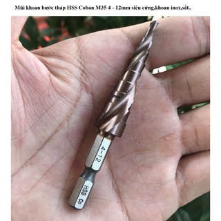 Mũi khoan tháp,bước rãnh xoắn lỗ khoan 4mm - 12mm chân lục giác,chất liệu cobalt ,độ cứng cao ,khoan inox