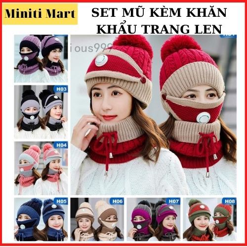 Set Mũ Len Nữ Kèm Khẩu Trang Khăn Quàng 3.1, Sét Nón Len, Combo Mũ Len+Khẩu Trang Khăn Quàng Phong Cách Hàn Quốc Unisex