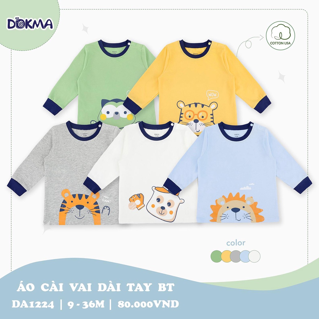 Áo dài tay cài vai bé trai Dokma - chất cotton hữu cơ mềm thoáng, co giãn, thấm hút