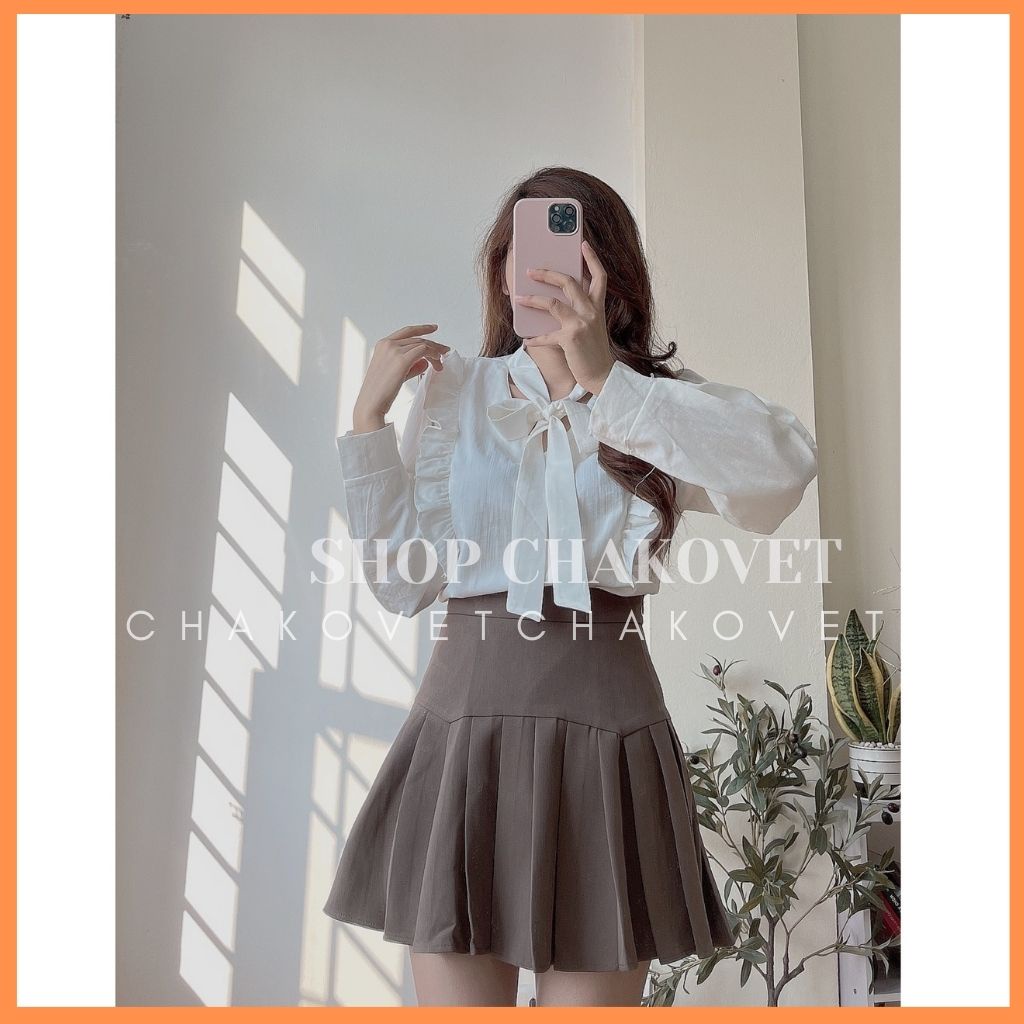 Áo sơ mi nữ dài tay trơn basic CKA891, kiểu áo nữ cổ V dáng babydoll bèo ngực thắt nơ phong cách thời trang hàn quốc