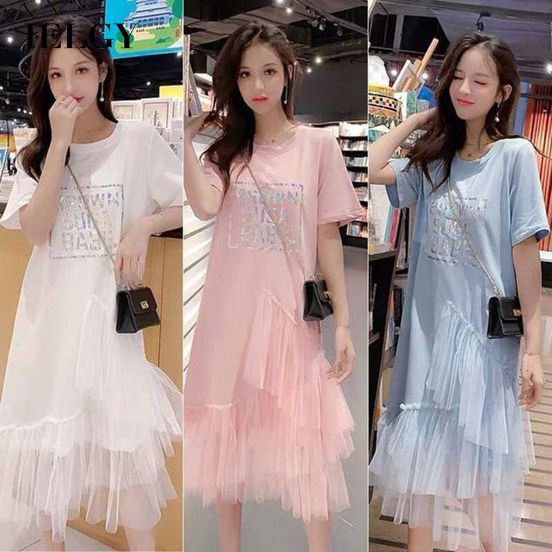 Đầm IELGY tay ngắn cổ tròn phối lưới mỏng thời trang cho nữ