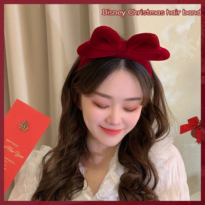 Băng Đô Cài Tóc Đính Nơ Bằng Nhung Màu Đỏ Phong Cách Giáng Sinh Hàn Quốc Thời Trang Thu Đông Cho Nữ