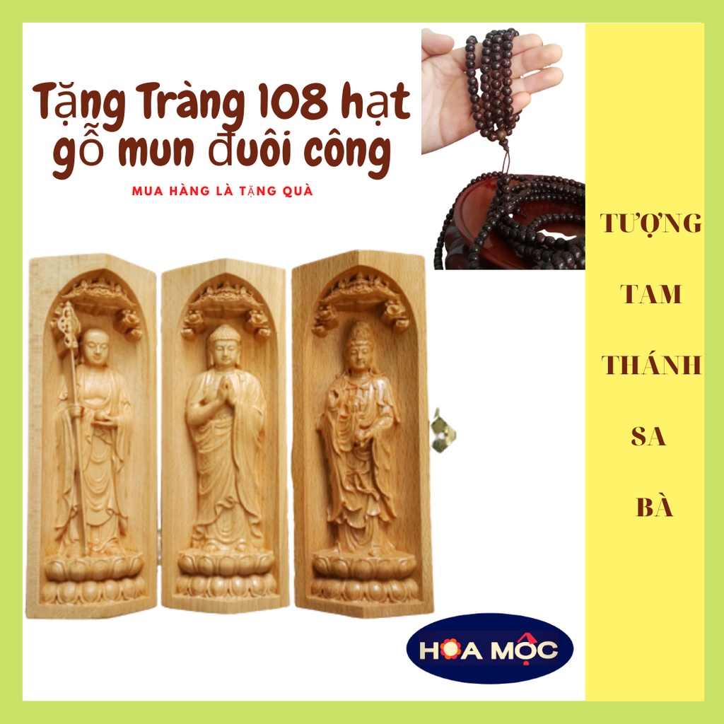 Tượng Gỗ Tam Thánh Ta bà 💥 TẶNG TRÀNG 108 HẠT GỖ MUN 💥 Phật Thích Ca - Bồ Tát Địa Tạng. Để Bàn Làm Việc