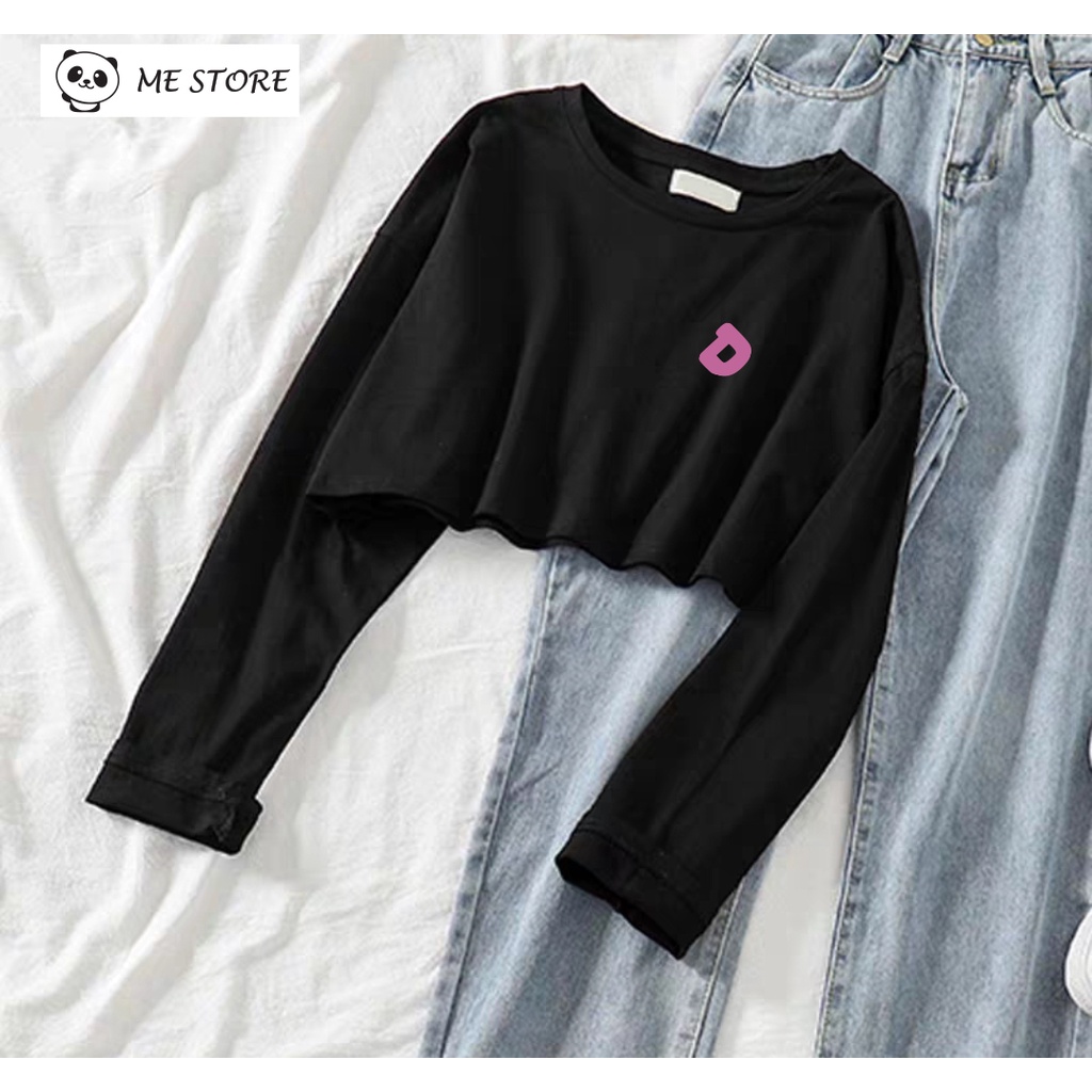 Áo thun tay dài thu đông croptop in hình chữ D Ulzzang form rộng dáng rộng chất liệu 100% cotton