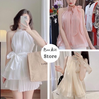 Áo tơ cổ yếm cột nơ cực xinh, áo 2 lớp ngoài tơ trong lụa