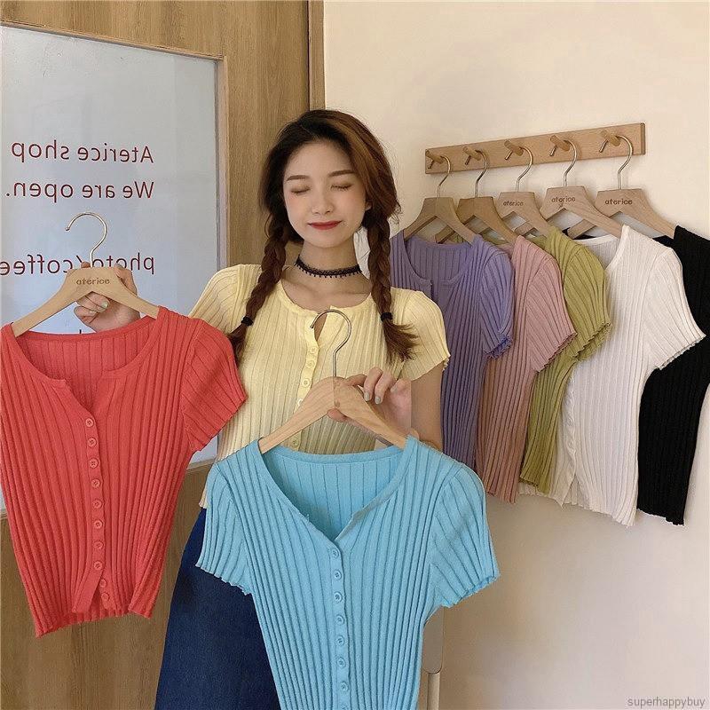 Áo Croptop Dệt Kim Tay Ngắn Màu Trơn Thiết Kế Đơn Giản Hợp Thời Trang