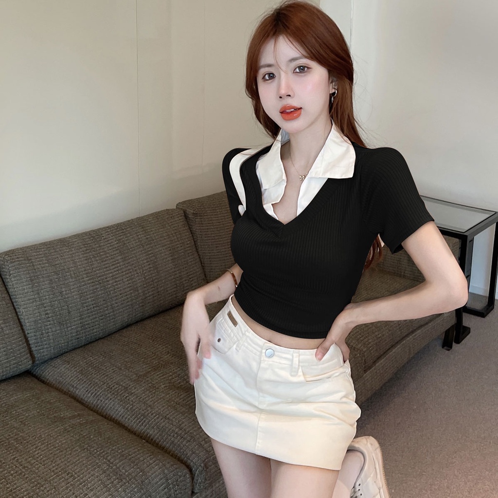 Áo dệt kim ZHELIHANGFEI tay ngắn cổ chữ V giả hai lớp thời trang cá tính cho nữ