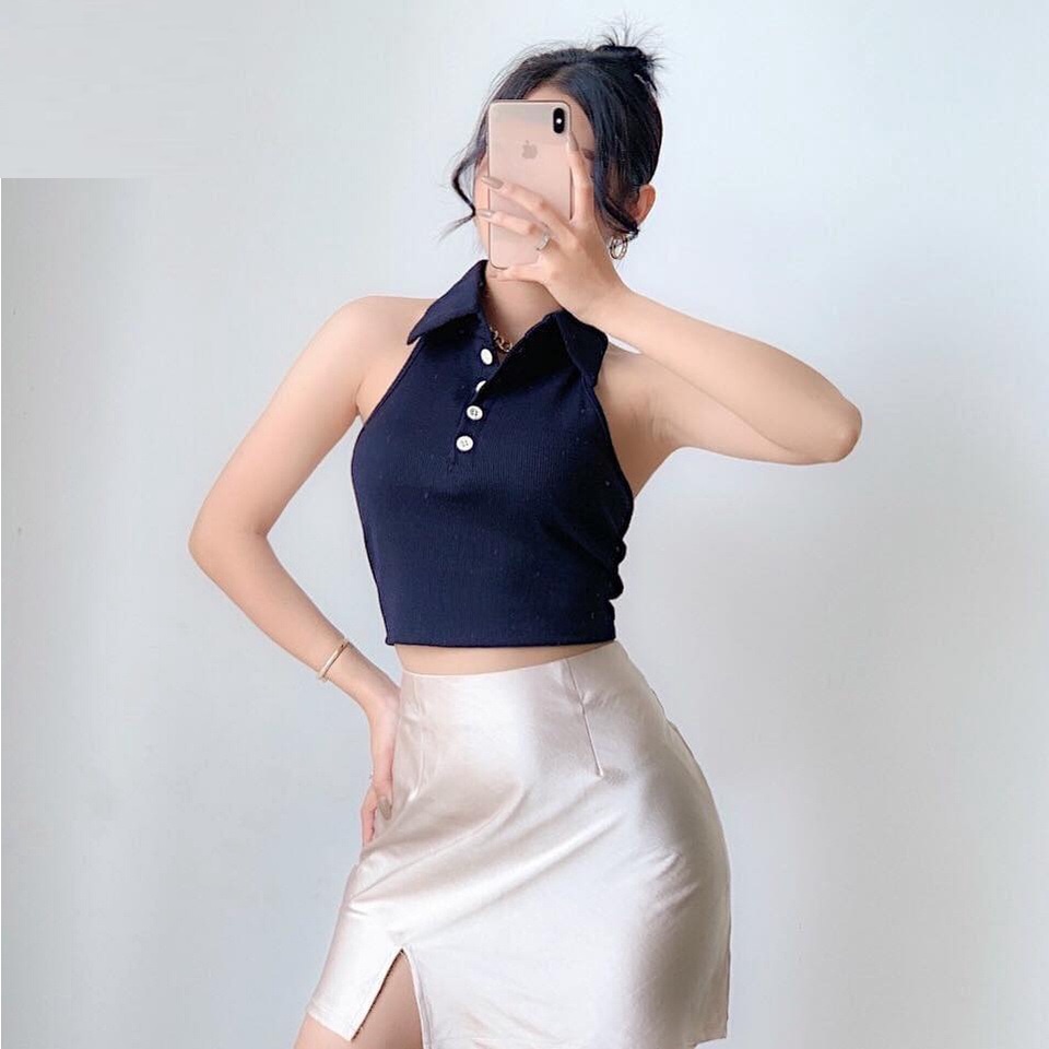 Áo croptop sát nách cổ đức, áo yếm hở lưng quyến rũ tôn vòng 2