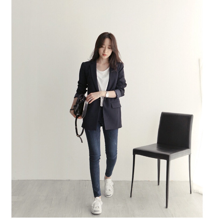 Áo khoác blazer XINLANYASHE mỏng nhẹ màu trơn tay dài kiểu Hàn Quốc cho nữ áo khoác