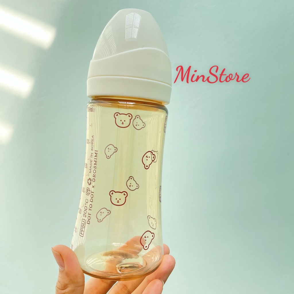 Tách Set- Bình sữa Grosmimi Olive Cherry- Gấu 200ml 300ml nhựa PPSU chọn size núm, Bình sữa cho bé
