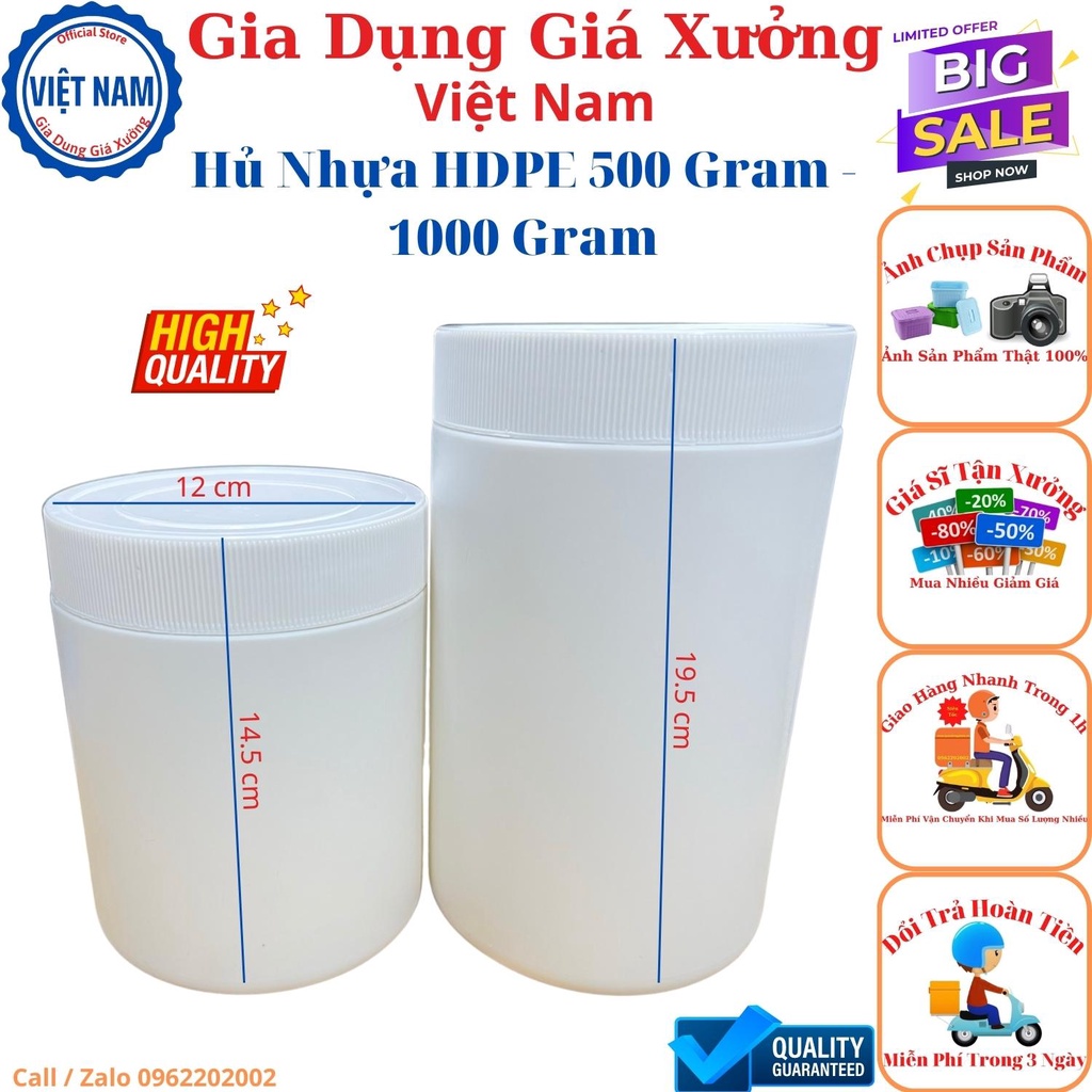 Hủ - Lọ Nhựa HDPE Loại Dầy (Sức Chứa 500 Gram - 1000 Gram) - Nắp Trắng Vặn Ren + Seal Chống Tràn Khò Nhiệt Kèm Theo