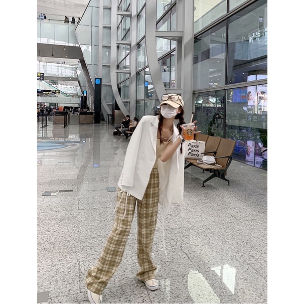 MS076 Quần suông ống rộng kẻ caro cạp chun