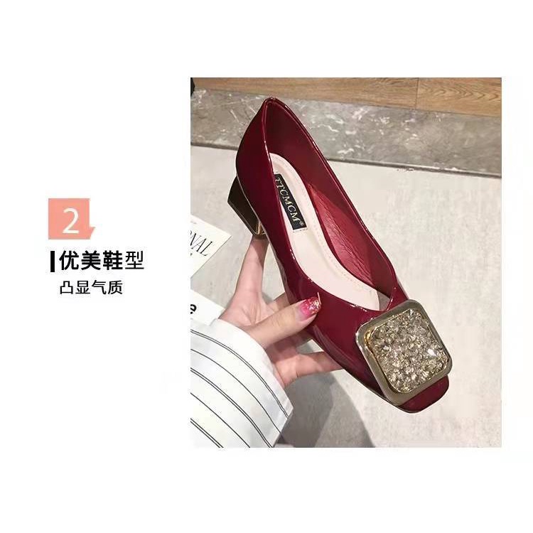 Giày Cao Gót Da Bóng Mũi Vuông Đính Đá Thời Trang Xuân Thu 2022 Cho Nữ